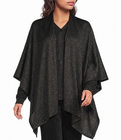 Eileen Fisher Wool Lurex Collarless 3/4 Sleeve Open-Front Poncho