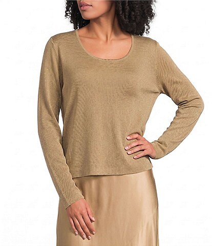 Eileen Fisher Wool Lurex Metallic Scoop Neck Long Sleeve Sweater