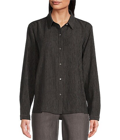 Eileen Fisher Woven Plisse Point Collar Long Sleeve Coordinating Button Front Shirt