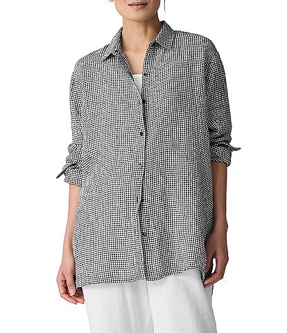 Eileen Fisher Yar-Dyed Stripe Puckered Organic Linen Point Collar Long Sleeve Shirt