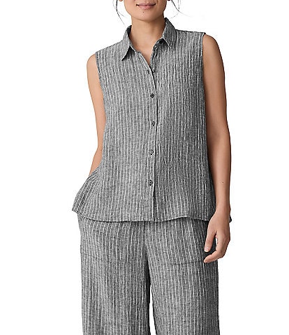 Eileen Fisher Yard-Dyed Stripe Puckered Organic Linen Point Collar Sleeveless Coordinating Top