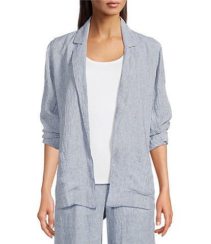 Eileen Fisher Yarn-Dyed Stripe Organic Linen Notch Lapel Long Sleeve Coordinating Blazer
