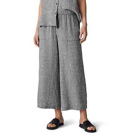 Eileen Fisher Yarn-Dyed Stripe Organic Linen Wide Cropped Coordinating Pants