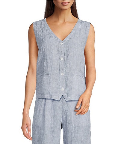 Eileen Fisher Yarn-Dyed Stripe Puckered Organic Linen V-Neck Sleeveless Vest