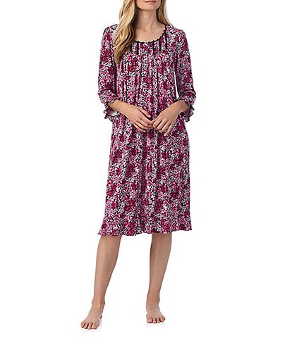 Eileen West 3/4 Sleeve Round Neck Knit Floral Print Waltz Nightgown