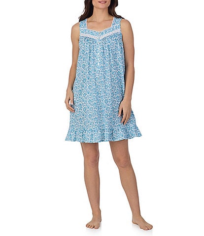 Eileen West Aqua Floral Print Sleeveless Sweetheart Neck Jersey Knit Short Nightgown