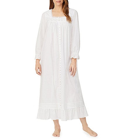 Eileen West Cotton Woven Square Neck 3/4 Ruffle Cuff Sleeve Button Front Ballet Nightgown