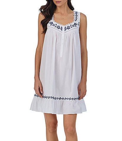 Eileen West Embroidered Floral Sleeveless Sweetheart Neck Woven Cotton Short Ruffle Hem Chemise
