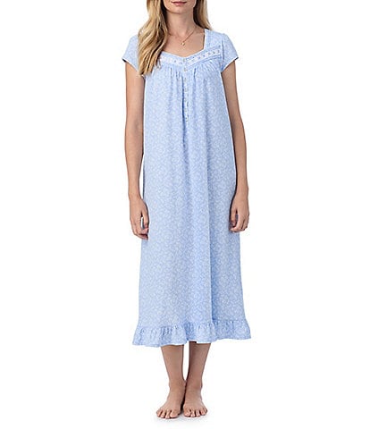 Eileen West Floral Cotton Jersey Knit Cap Sleeve Sweetheart Neck Long Nightgown