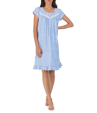 Eileen West Floral Cotton Jersey Short Sleeve Ruffle Hem Round Neck Short Nightgown