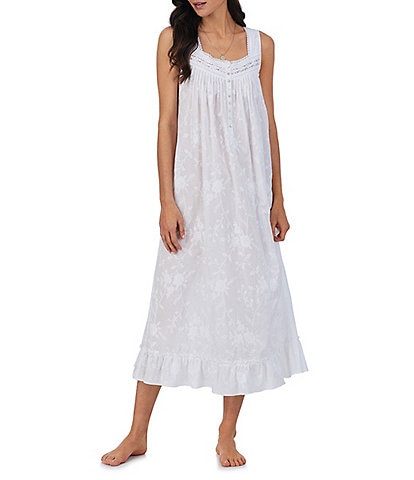 Eileen West Floral Embroidered Sleeveless Sweetheart Neck Woven Cotton Ballet Nightgown