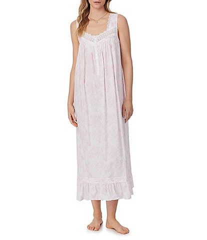 Eileen West Floral Print Sleeveless Sweetheart Neck Woven Cotton Long Nightgown
