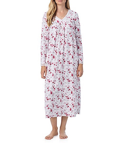 Eileen West Floral Print Sweater Knit Long Sleeve V-Neck Nightgown