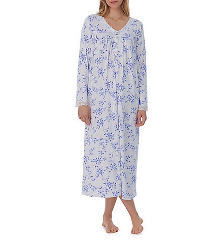 Eileen West Floral Print Sweater Knit Long Sleeve V-Neck Nightgown