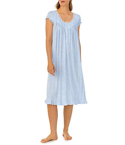 Eileen West Leaf Print Modal Jersey Cap Sleeve Round Neck Waltz Nightgown