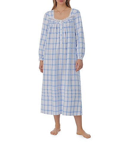 Eileen West Long Sleeve Sweetheart Neck Cotton Flannel Plaid Ballet Nightgown