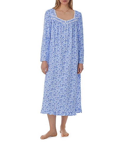 Eileen West Long Sleeve Sweetheart Neck Cotton Jersey Long Floral Nightgown