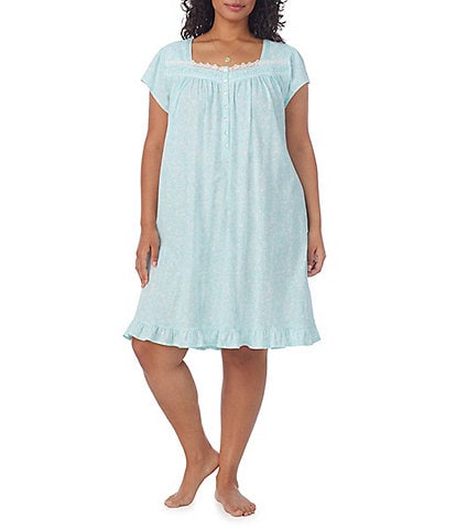 Eileen West Plus Size Aqua Floral Cap Sleeve Cotton Knit Short Nightgown