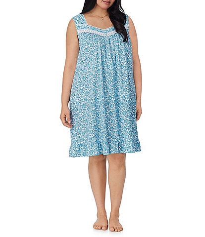 Eileen West Plus Size Aqua Floral Print Sleeveless Sweetheart Neck Jersey Knit Short Nightgown
