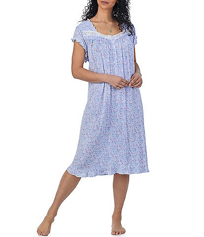 Eileen West Plus Size Blue Floral Print Cap Sleeve Knit Waltz Nightgown
