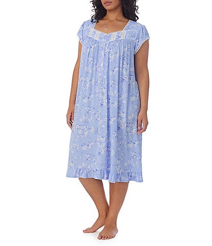 Eileen West Plus Size Blue Floral Print Cap Sleeve Knit Waltz Nightgown