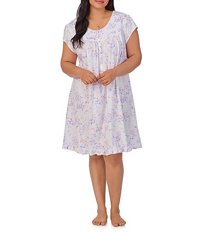 Eileen West Plus Size Cap Sleeve Sweetheart Neck Cotton Knit Short Floral Print Nightgown
