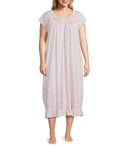 Eileen West Plus Size Floral Cap Sleeve Round Neck Jersey Knit Cotton Long Nightgown