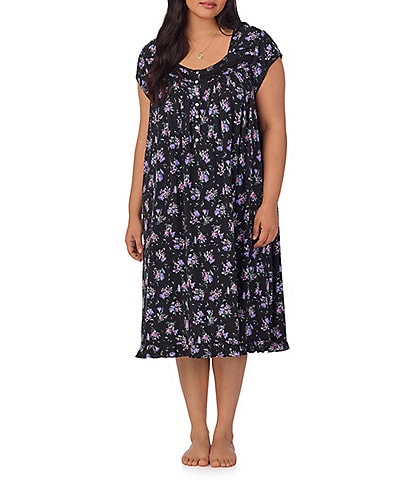 Eileen West Plus Size Floral Cap Sleeve Sweetheart Neck Modal Jersey Knit Waltz Nightgown
