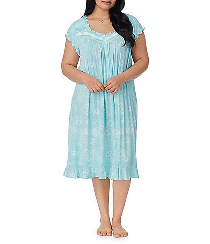 Eileen West Plus Size Floral Print Cap Sleeve Sweetheart Neck Jersey Knit Nightgown