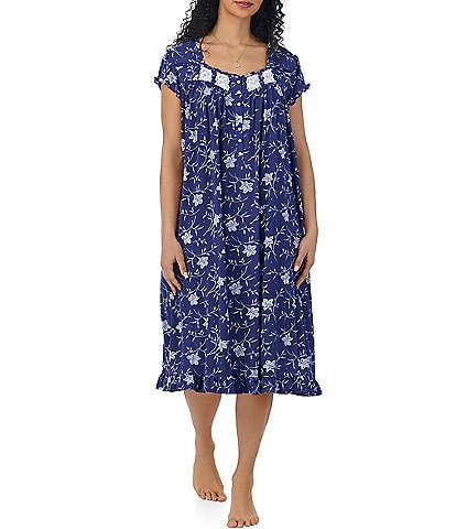 Eileen West Plus Size Floral Print Cap Sleeve Sweetheart Neck Jersey Knit Waltz Nightgown