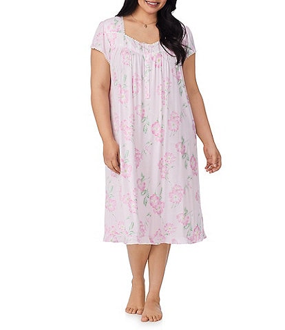 Eileen West Plus Size Floral Print Cap Sleeve Sweetheart Neck Knit Waltz Nightgown