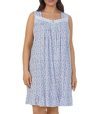 Eileen West Plus Size Floral Print Cotton Jersey Sweetheart Neck Sleeveless Short Nightgown
