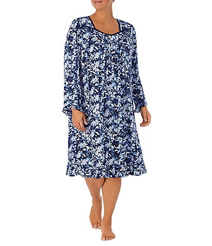 Eileen West Plus Size Floral Print Long Sleeve Square Neck Modal Waltz Nightgown