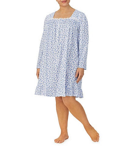 Eileen West Plus Size Floral Print Long Sleeve Square Neck Short Cotton Nightgown
