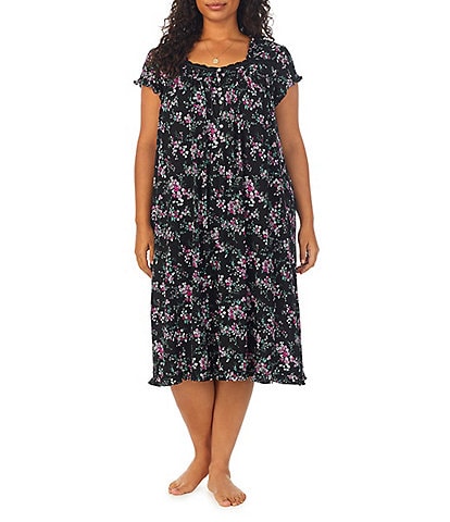 Eileen West Plus Size Floral Print Modal Jersey Sweetheart Neck Ruffle Cap Sleeve Waltz Nightgown