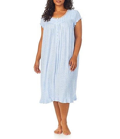 Eileen West Plus Size Leaf Print Modal Jersey Cap Sleeve Round Neck Waltz Nightgown
