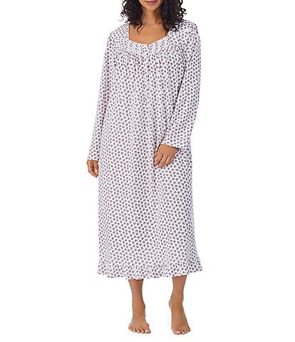 Eileen West Plus Size Long Sleeve Sweetheart Neck Ditsy Floral Cotton Jersey Nightgown