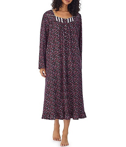 Eileen West Plus Size Long Sleeve Sweetheart Neck Midnight Garden Floral Print Cotton Jersey Nightgown