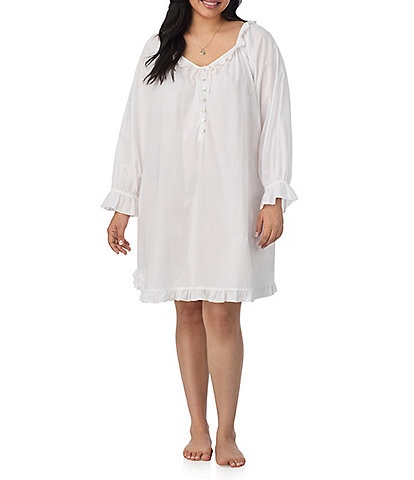 Eileen West Plus Size Solid Long Sleeve V-Neck Cotton Woven Lawn Short Nightgown