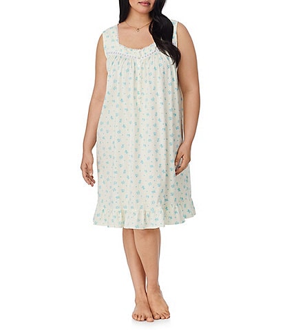 Eileen West Plus Size Yellow Floral Print Sleeveless Sweetheart Neck Jersey Knit Short Nightgown