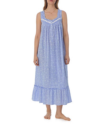 Eileen West Sleeveless Sweetheart Neck Floral Woven Chambray Ballet Nightgown