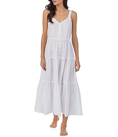 Eileen West Sleeveless Sweetheart Neck Woven Lace Trim Ballet Tiered Button Front Nightgown