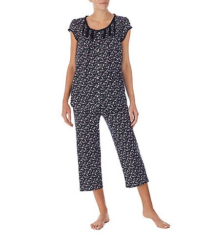 Eileen West Soft Floral Print Knit Short Sleeve Round Neck Button Front Top & Capri Pajama Set