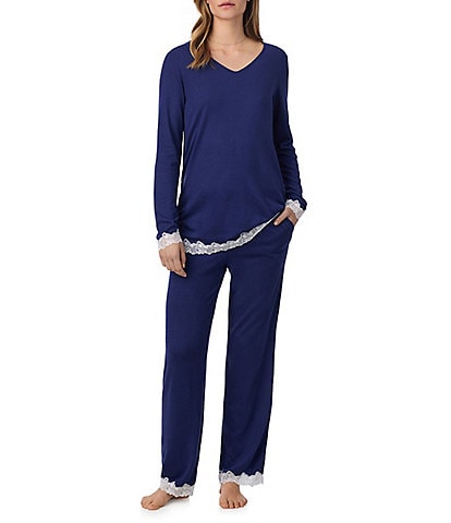 Eileen West Solid Long Sleeve V-Neck Knit Pant Pajama Set