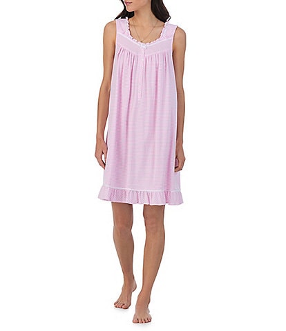 Eileen West Stripe Jersey Knit Ruffle Square Neck Sleeveless Nightgown