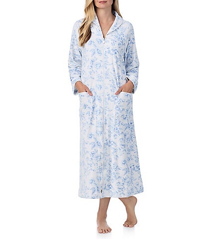 Eileen West Velour Full Zip Long Cozy Caftan Floral Print Robe