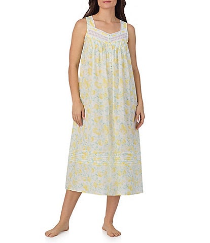 Eileen West Woven Lemon Print Sleeveless Sweetheart Neck Partial Button-Front Ballet Nightgown