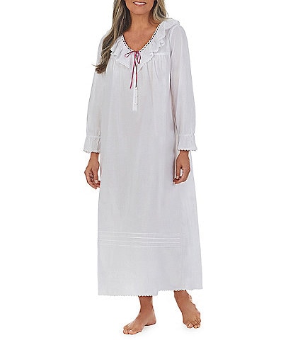 Eileen West Woven Ruffled Ribbon V-Neck Long Sleeve Ballet Nightgown