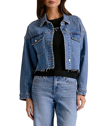 Elan Woven Denim Point Collar Long Sleeve Frayed Hem Jacket