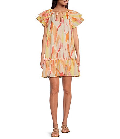 ELAN Abstract Print V Neck Ruffle Short Sleeve Babydoll Dress